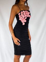 Betsey Johnson 2000s Black 3D Floral Appliqué Ruched Midi Dress - XS/S