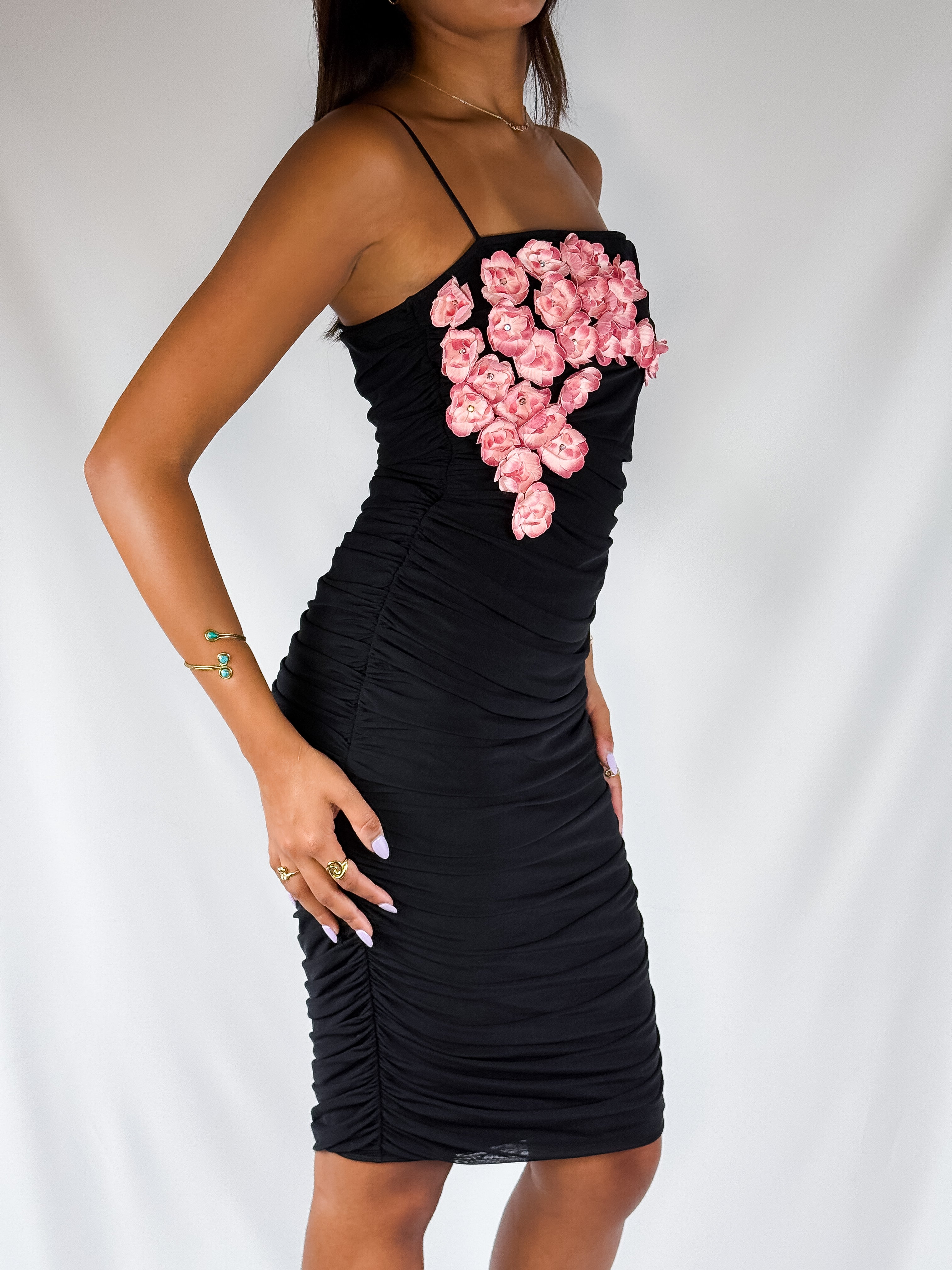Betsey Johnson 2000s Black 3D Floral Appliqué Ruched Midi Dress - XS/S
