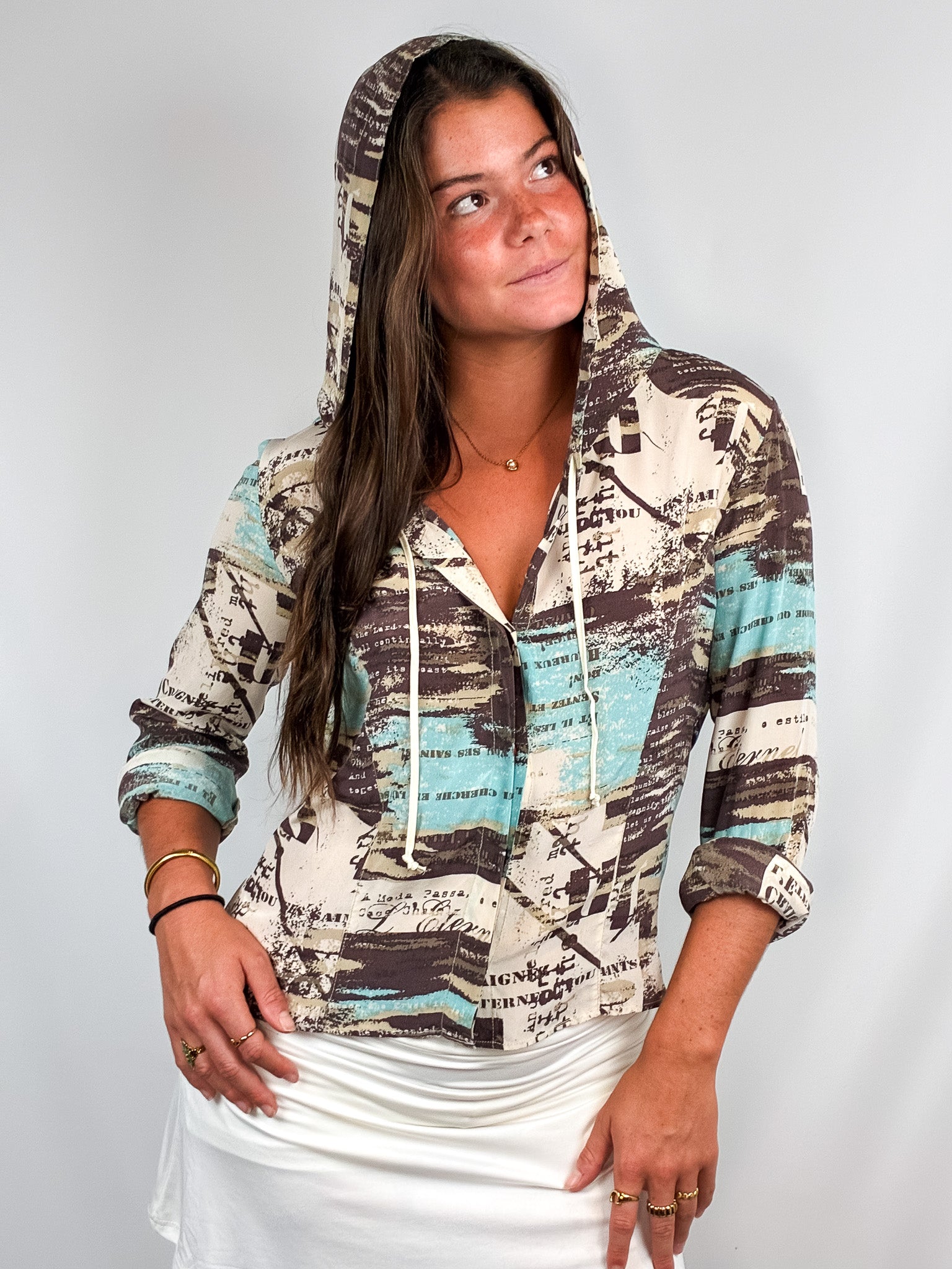 2000s Brown and Aqua Newsprint Print Hooded Top - S/M