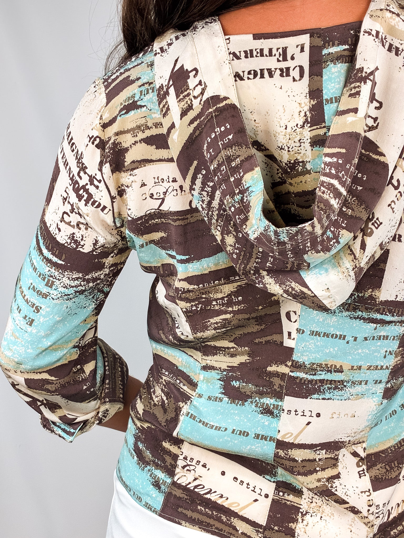 2000s Brown and Aqua Newsprint Print Hooded Top - S/M