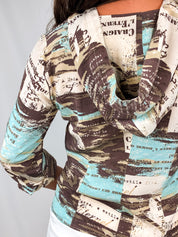 2000s Brown and Aqua Newsprint Print Hooded Top - S/M