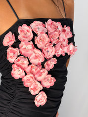 Betsey Johnson 2000s Black 3D Floral Appliqué Ruched Midi Dress - XS/S