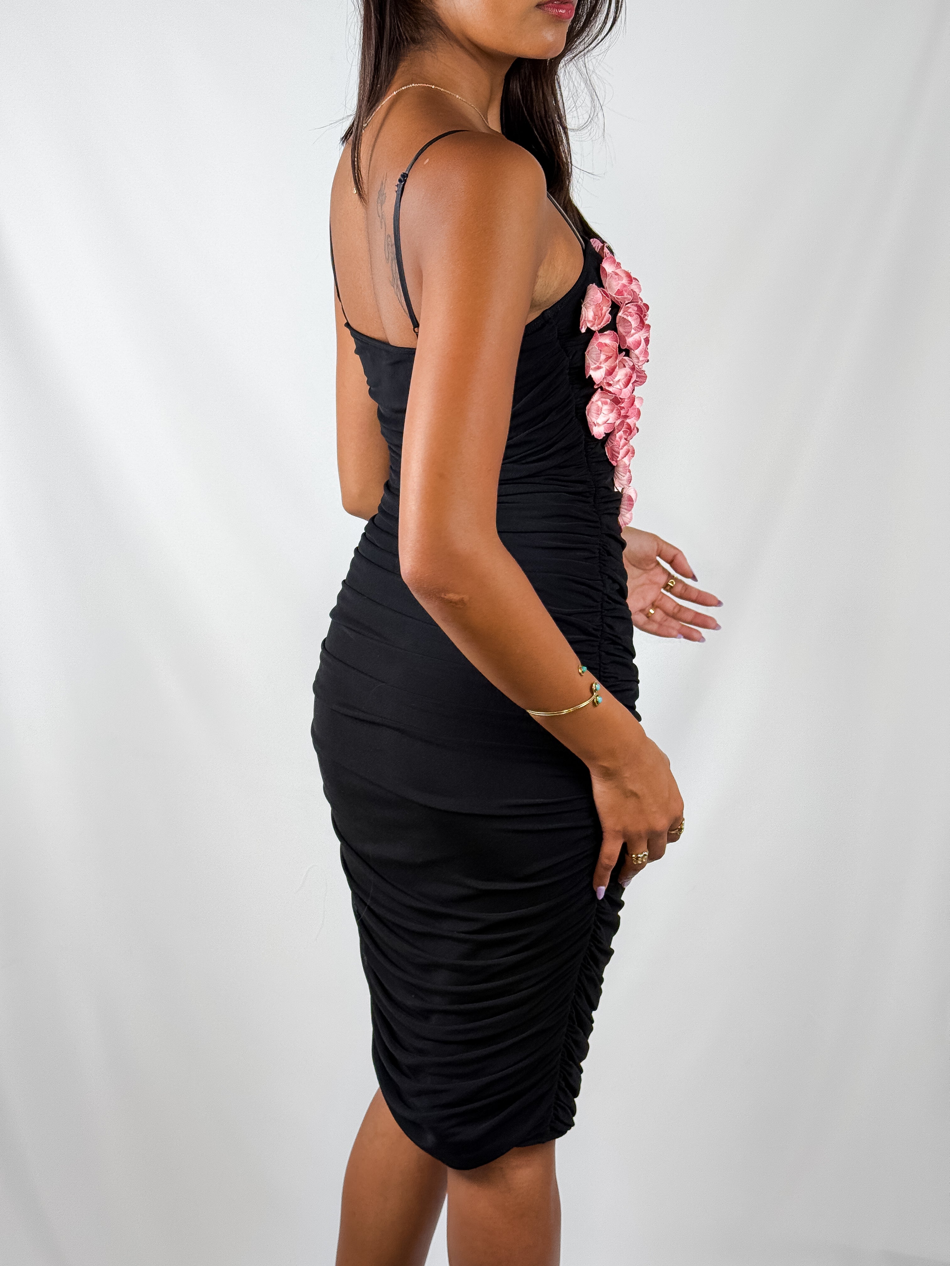 Betsey Johnson 2000s Black 3D Floral Appliqué Ruched Midi Dress - XS/S