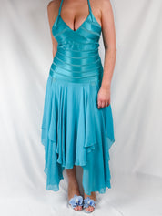 Papell Boutique 2000s Teal Silk Halter Midi Dress - XS/S