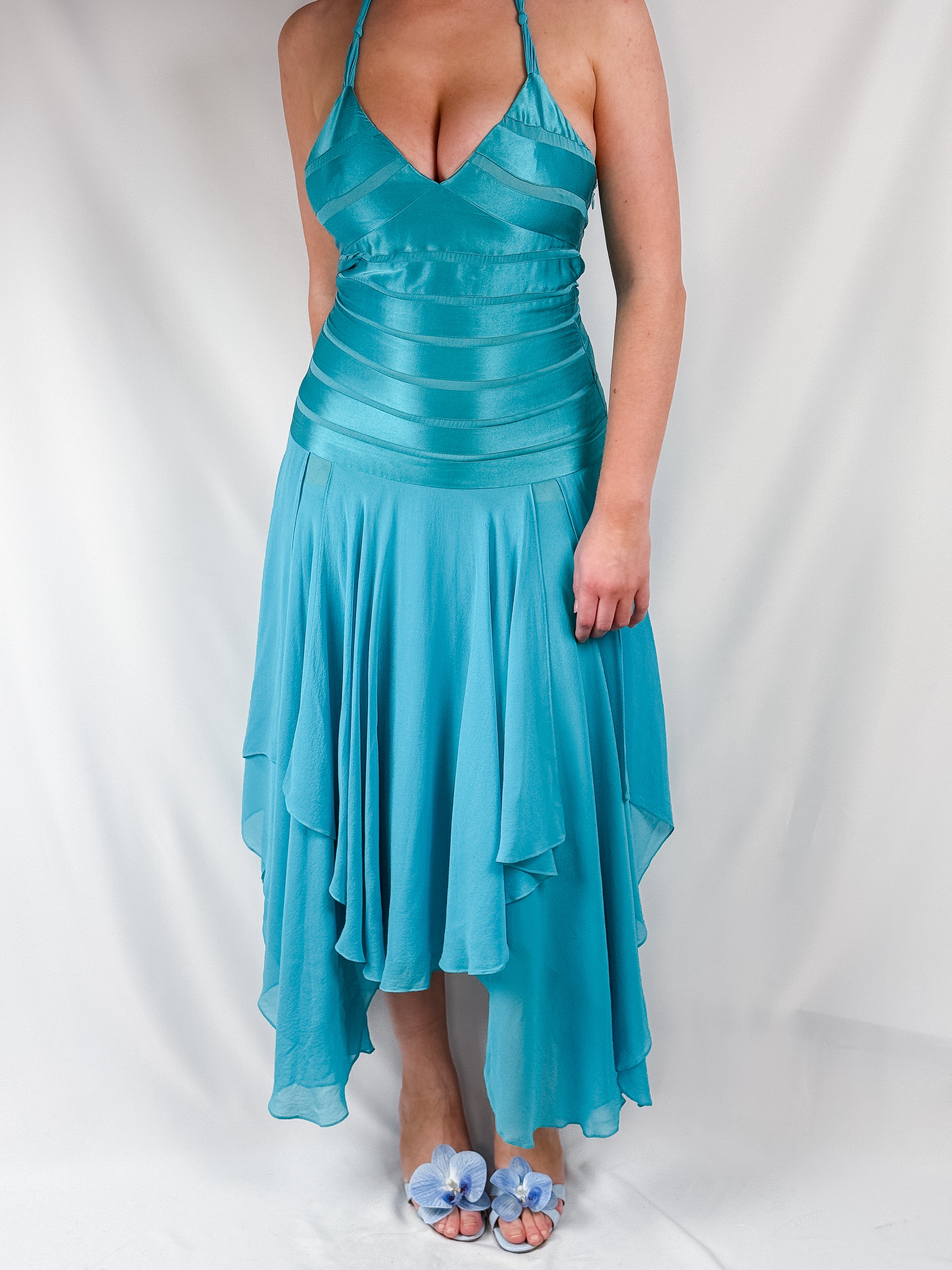 Papell Boutique 2000s Teal Silk Halter Midi Dress - XS/S