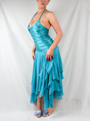 Papell Boutique 2000s Teal Silk Halter Midi Dress - XS/S