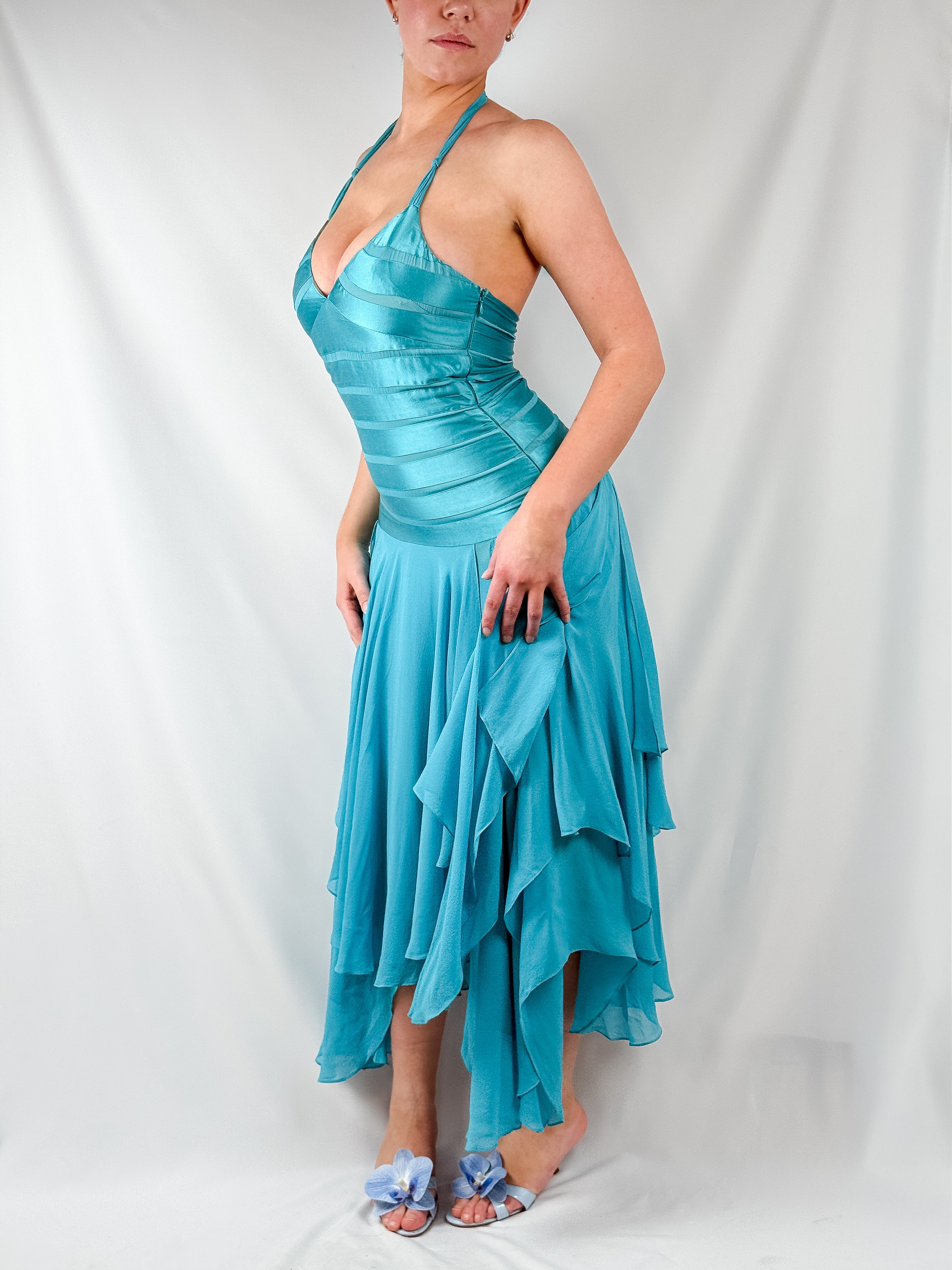 Papell Boutique 2000s Teal Silk Halter Midi Dress - XS/S