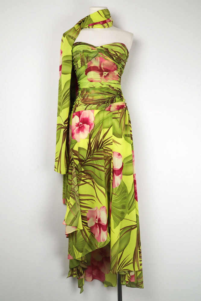 Gai Mattiolo 2000s Tropical Print Strapless Dress and Shawl – S