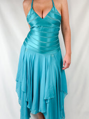 Papell Boutique 2000s Teal Silk Halter Midi Dress - XS/S