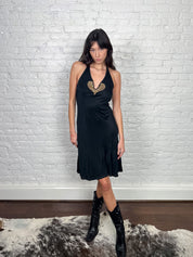 VDP 2000s Black Halter Dress with Gold Heart Beading