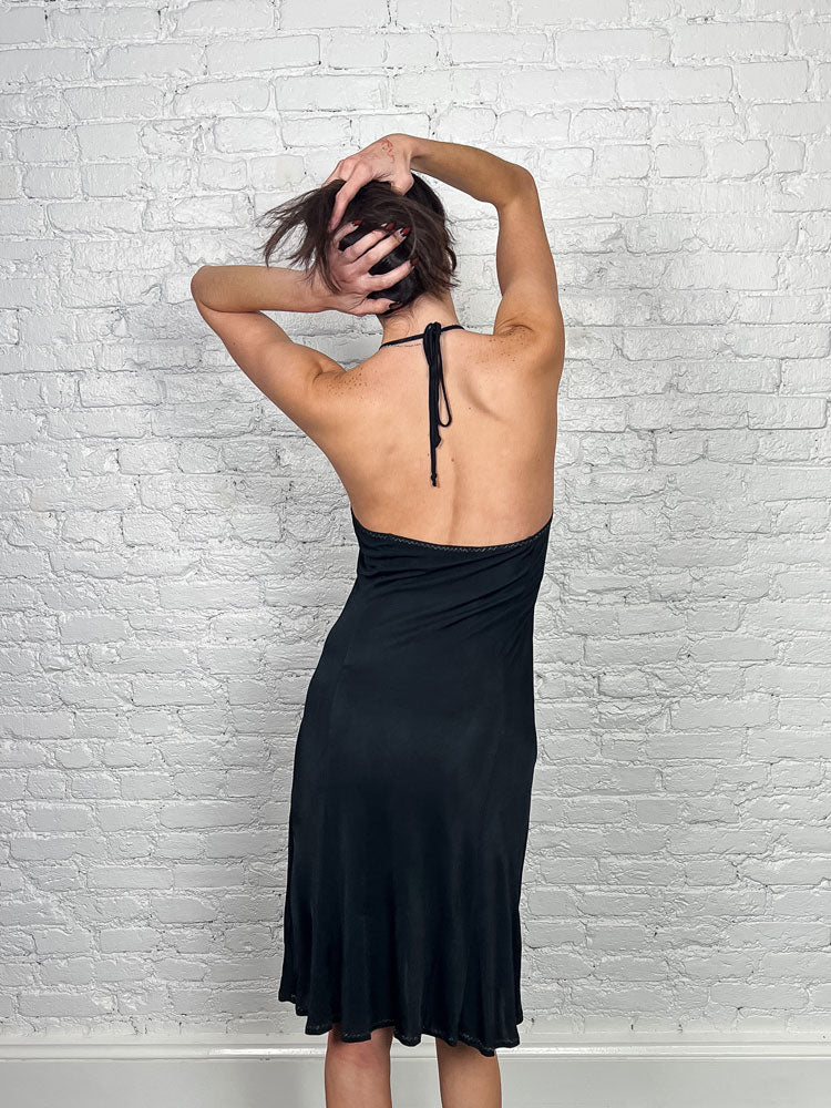 VDP 2000s Black Halter Dress with Gold Heart Beading