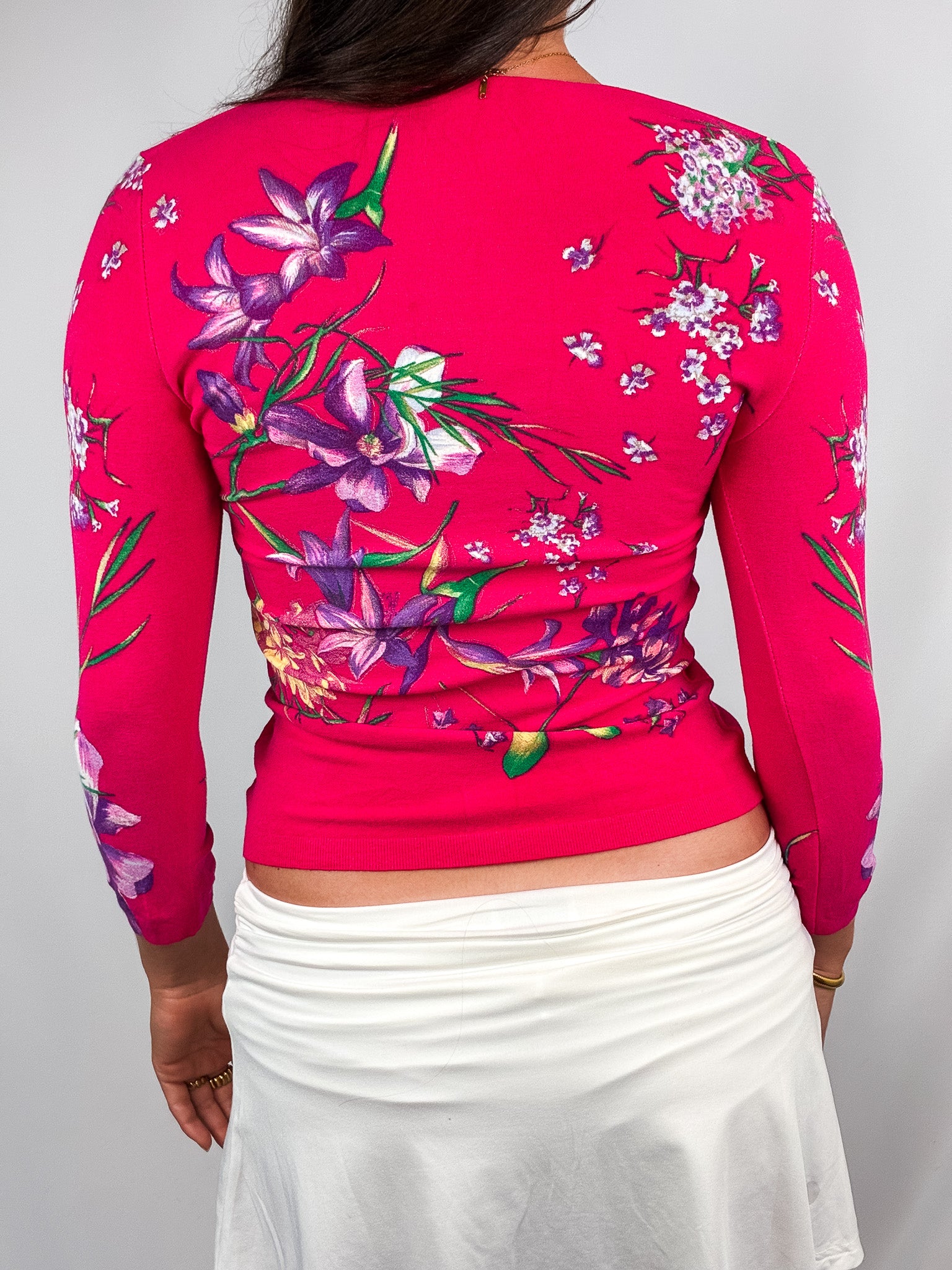 Blumarine 2000s Fuchsia Floral Ruffle Placket Top - S/M