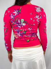 Blumarine 2000s Fuchsia Floral Ruffle Placket Top - S/M