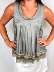 Coast 2000s Silver Beaded Fringe Cowl-Neck Top - S/M