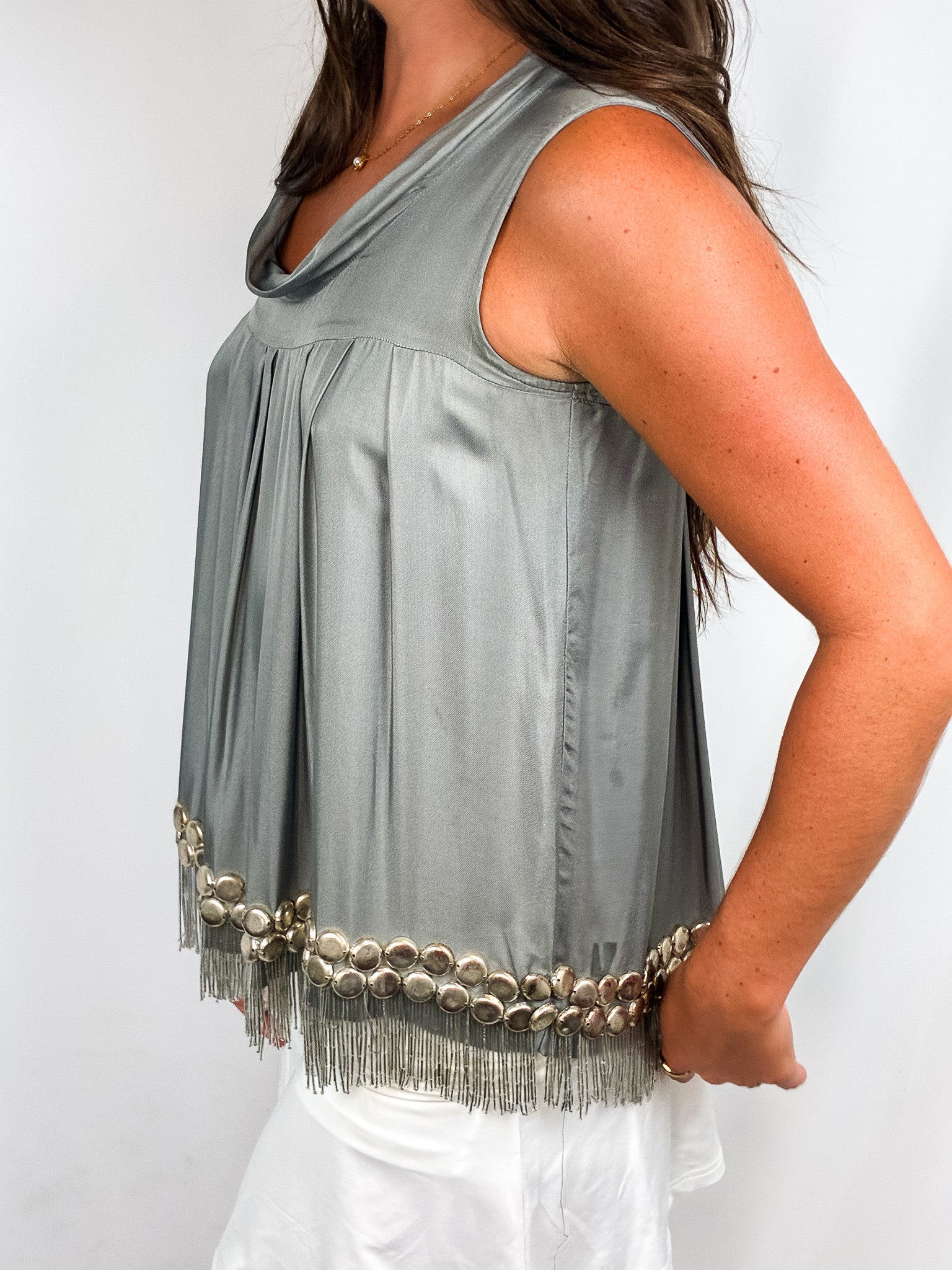 Coast 2000s Silver Beaded Fringe Cowl-Neck Top - S/M