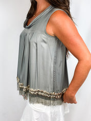Coast 2000s Silver Beaded Fringe Cowl-Neck Top - S/M