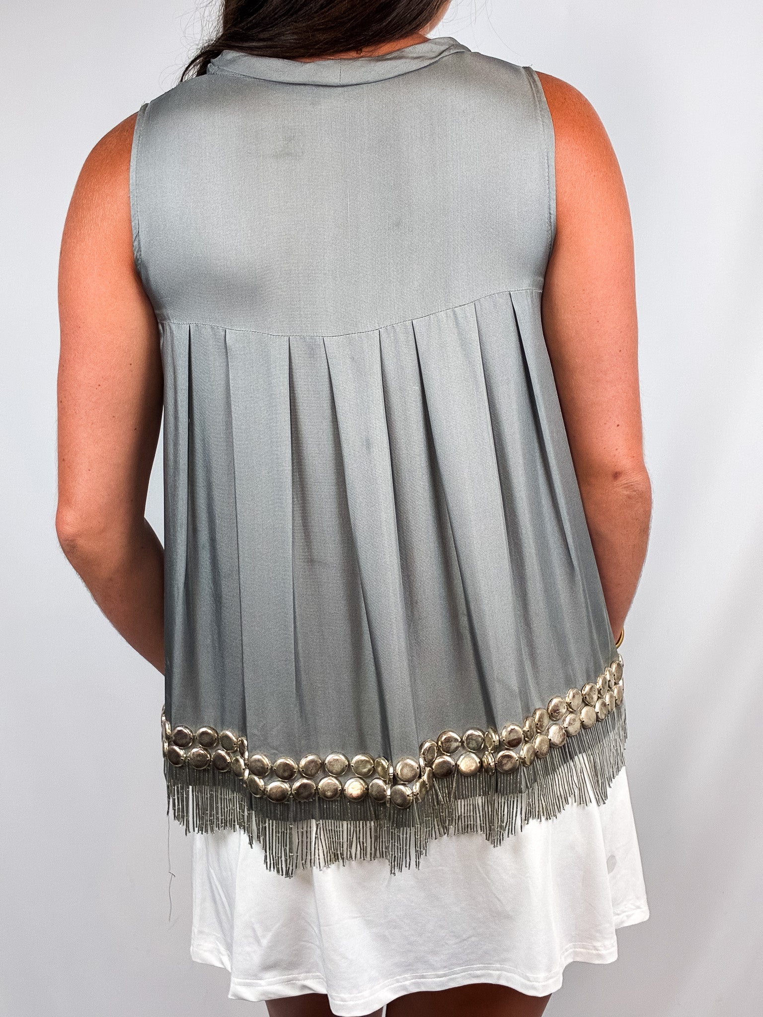 Coast 2000s Silver Beaded Fringe Cowl-Neck Top - S/M