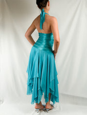 Papell Boutique 2000s Teal Silk Halter Midi Dress - XS/S