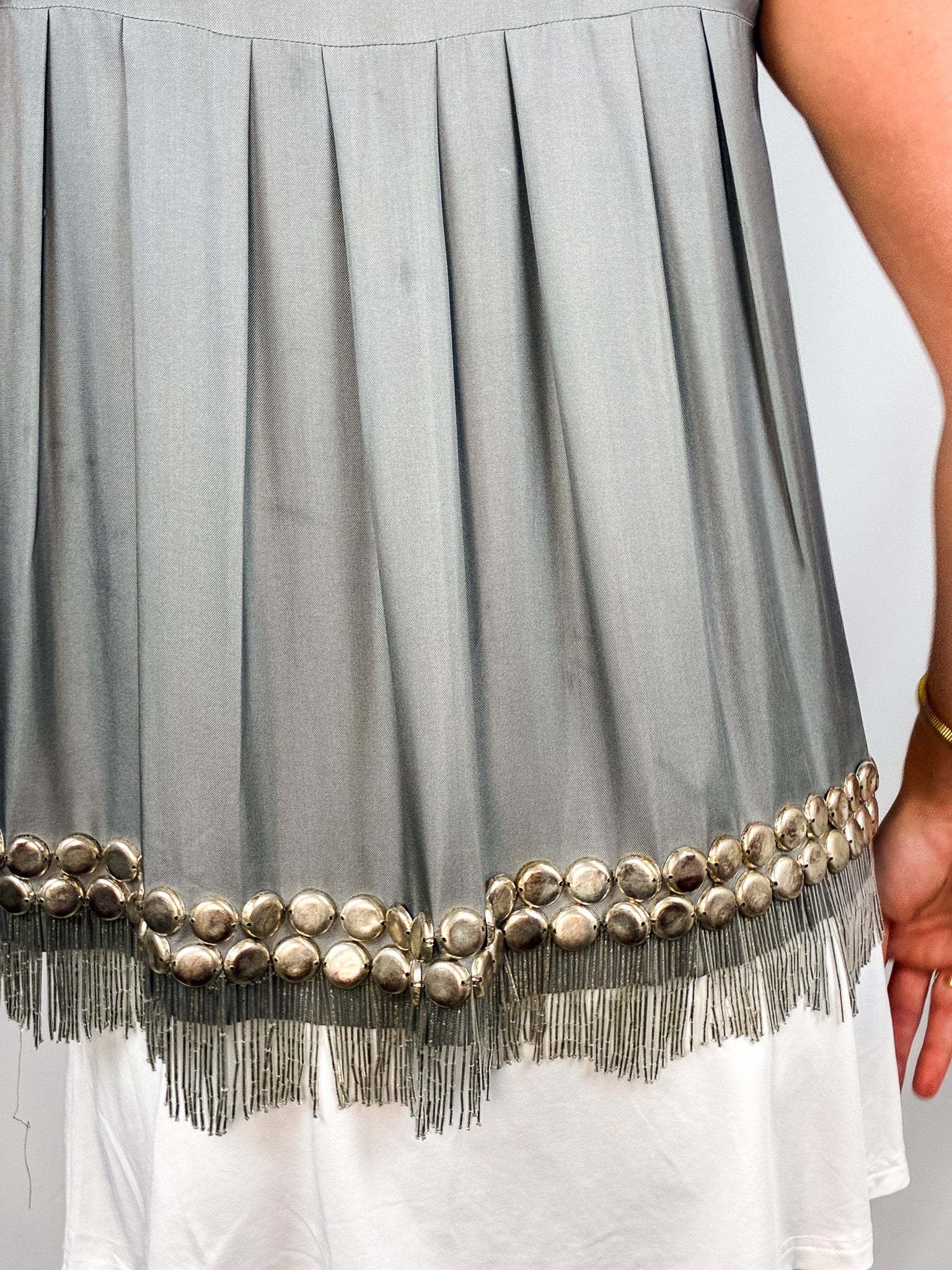 Coast 2000s Silver Beaded Fringe Cowl-Neck Top - S/M
