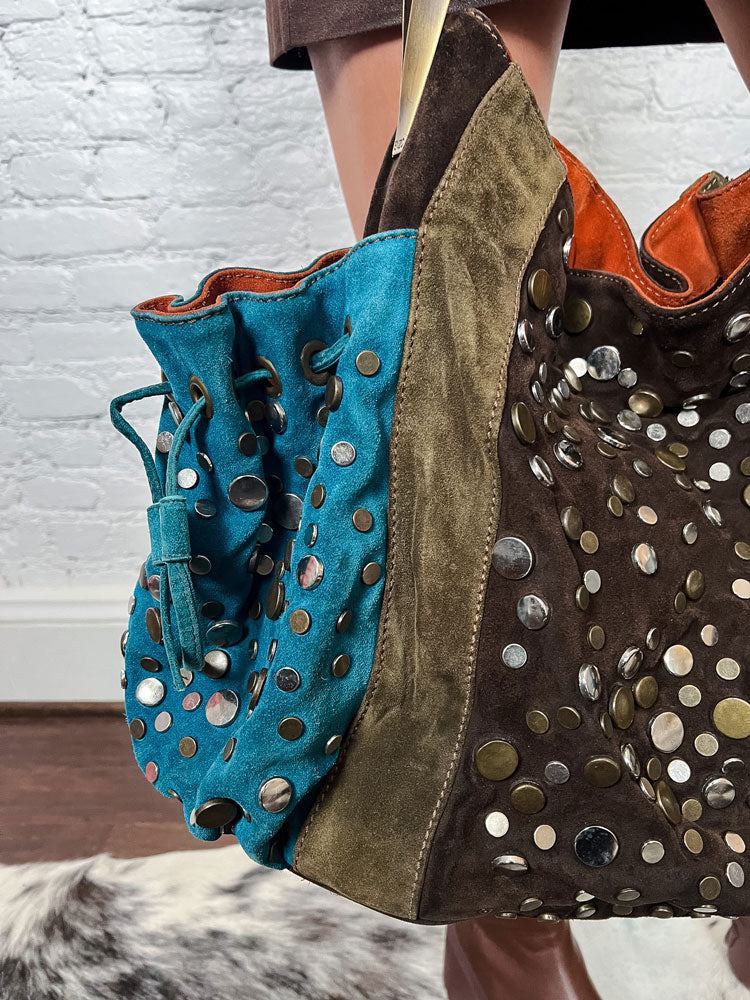 Kenzo 2000s Brown & Turquoise Studded Suede Bag