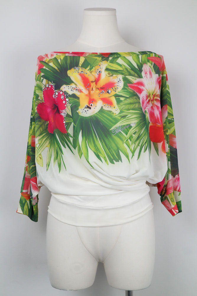 Blumarine 2000s Tropical Print Rhinestone Blouson Top – S
