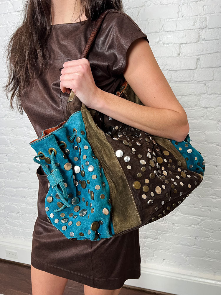 Kenzo 2000s Brown & Turquoise Studded Suede Bag