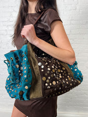 Kenzo 2000s Brown & Turquoise Studded Suede Bag