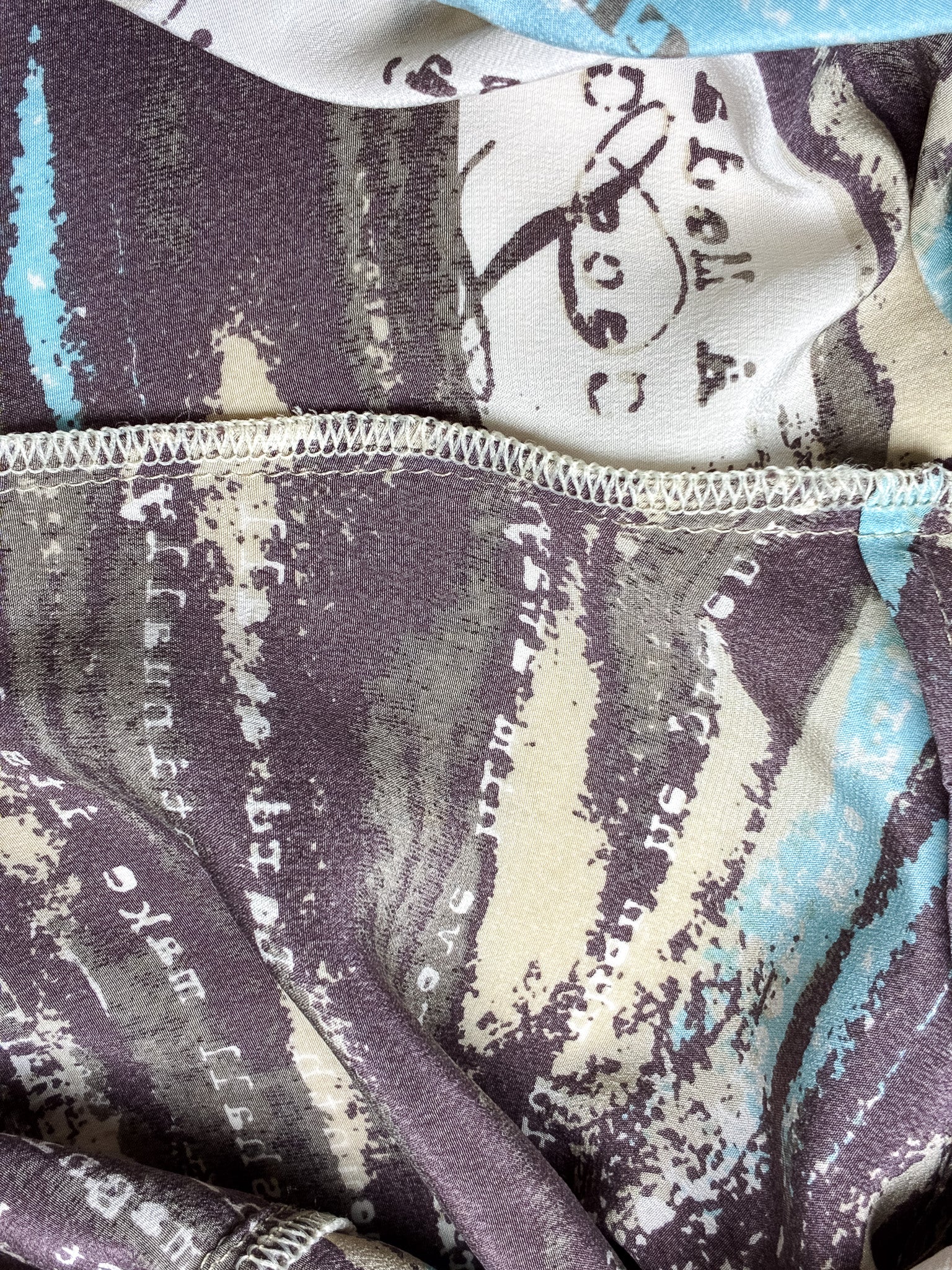 2000s Brown and Aqua Newsprint Print Hooded Top - S/M