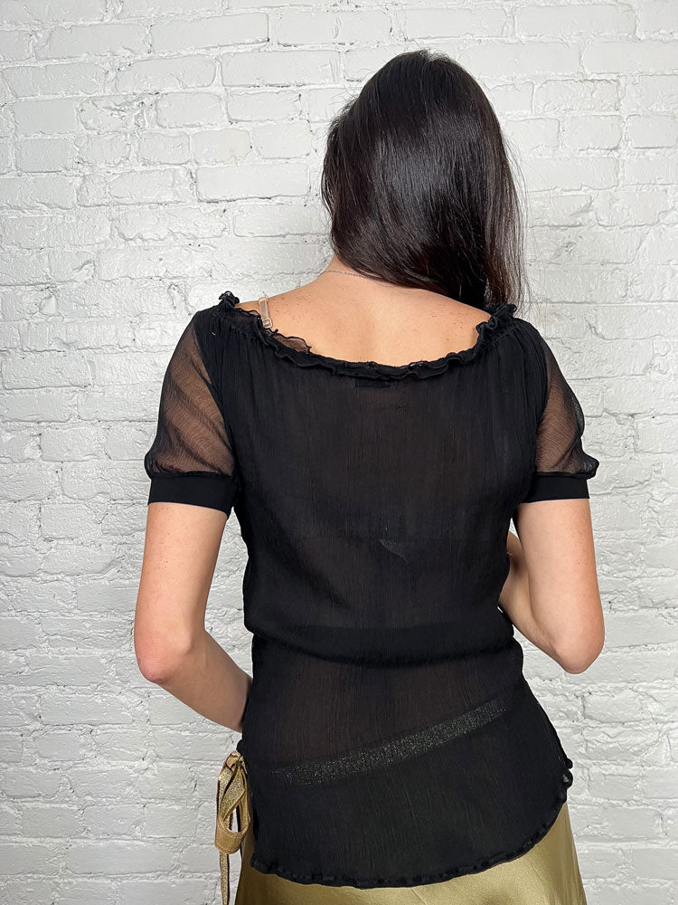 Blumarine 2000s Black Sheer Puff-Sleeve Ruffle Top