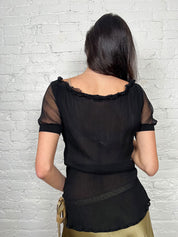Blumarine 2000s Black Sheer Puff-Sleeve Ruffle Top