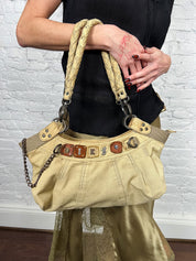 Diesel Early-2000s Beige Braided-Handle Studded Hobo