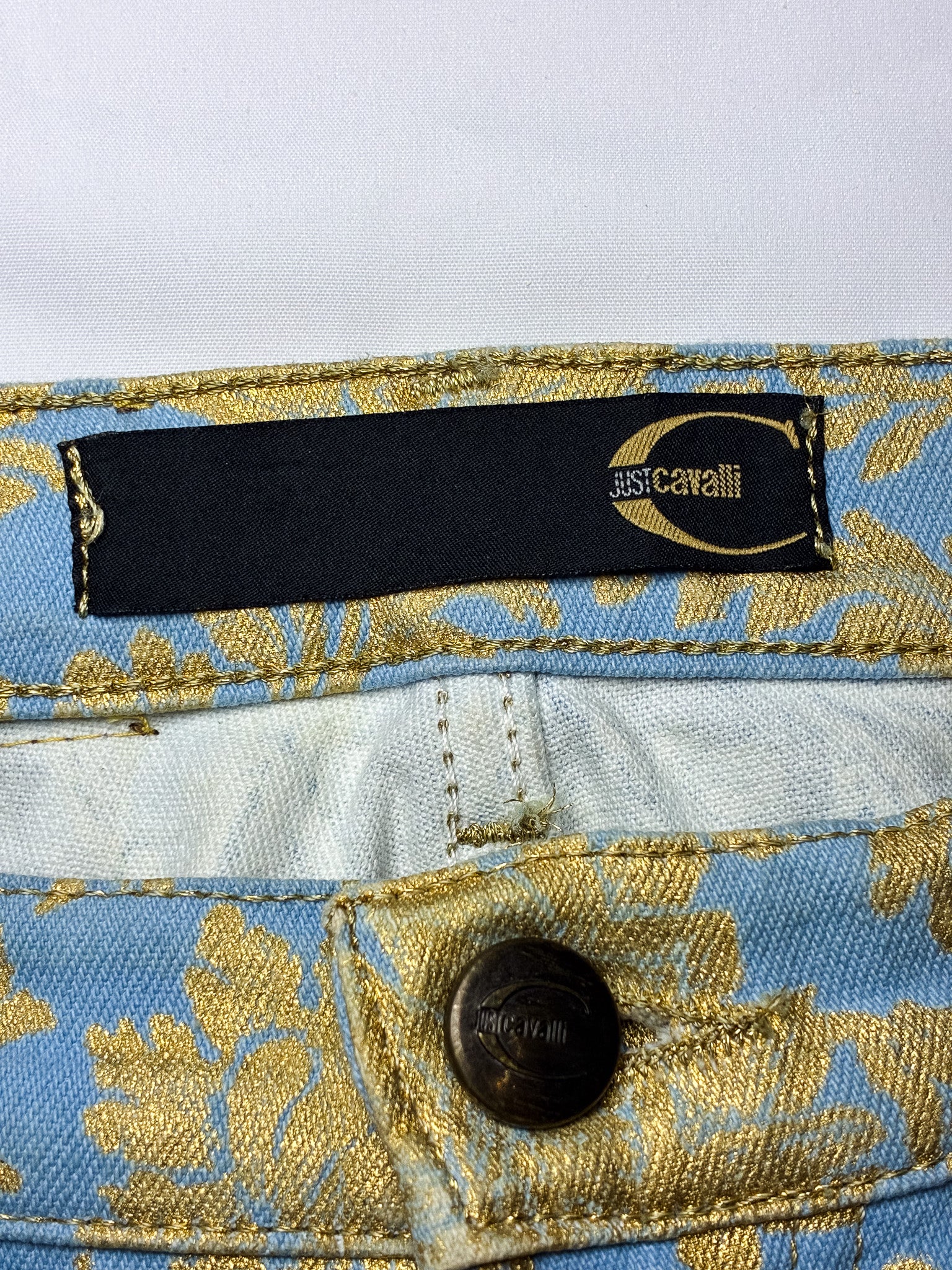 Just Cavalli 2000s Blue and Gold Baroque Floral Bootcut Jeans - W28