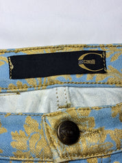 Just Cavalli 2000s Blue and Gold Baroque Floral Bootcut Jeans - W28