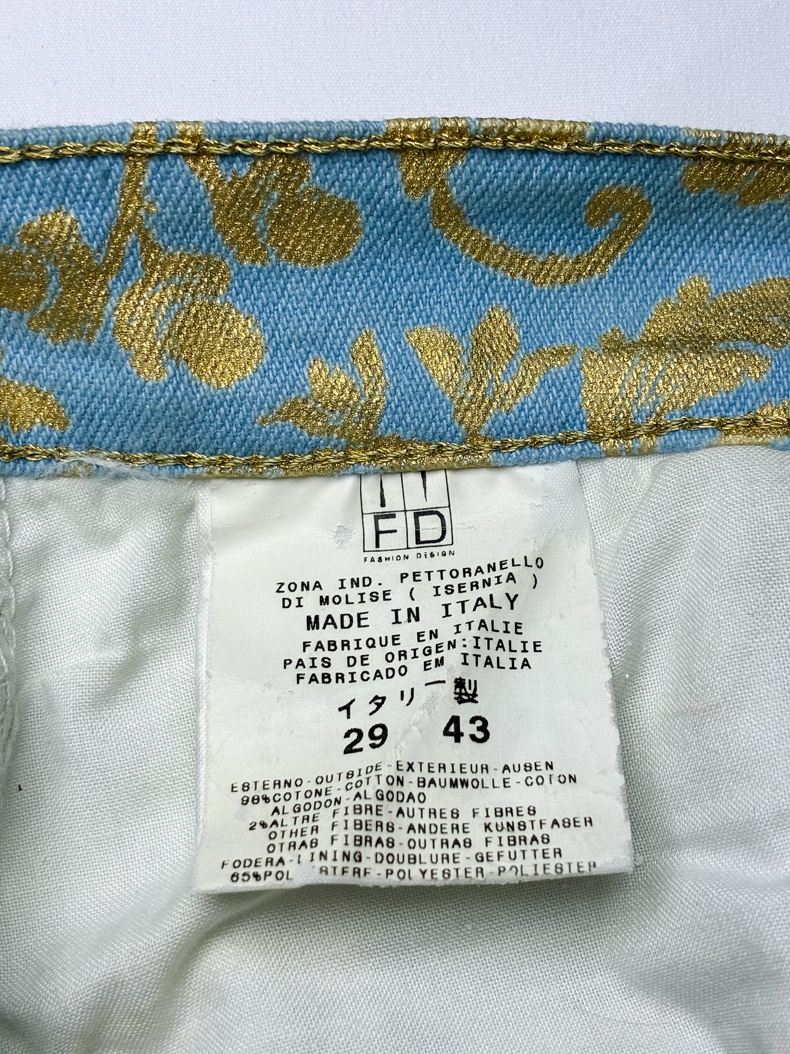Just Cavalli 2000s Blue and Gold Baroque Floral Bootcut Jeans - W28