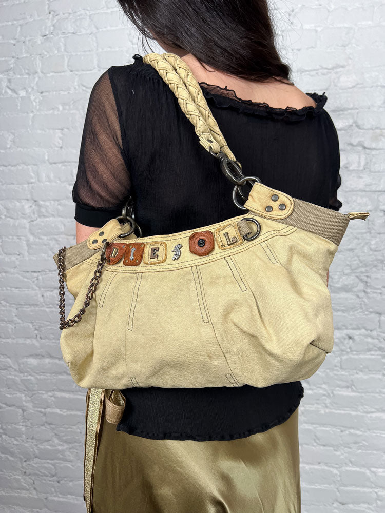 Diesel Early-2000s Beige Braided-Handle Studded Hobo