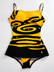 1970s Italian Black and Marigold Swirl Print Skirted One-Piece Swimsuit - XS/S