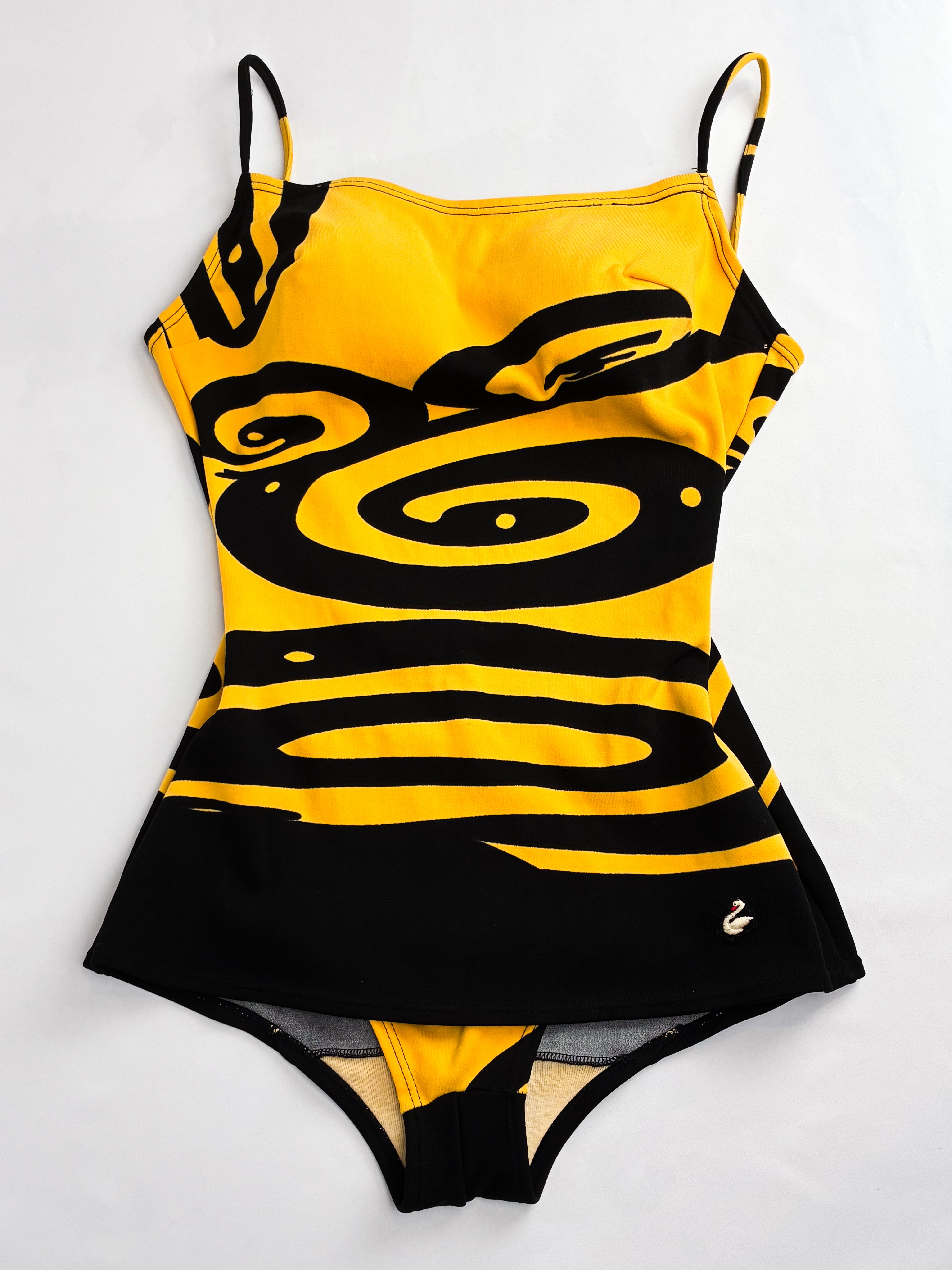 1970s Italian Black and Marigold Swirl Print Skirted One-Piece Swimsuit - XS/S