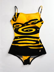 1970s Italian Black and Marigold Swirl Print Skirted One-Piece Swimsuit - XS/S
