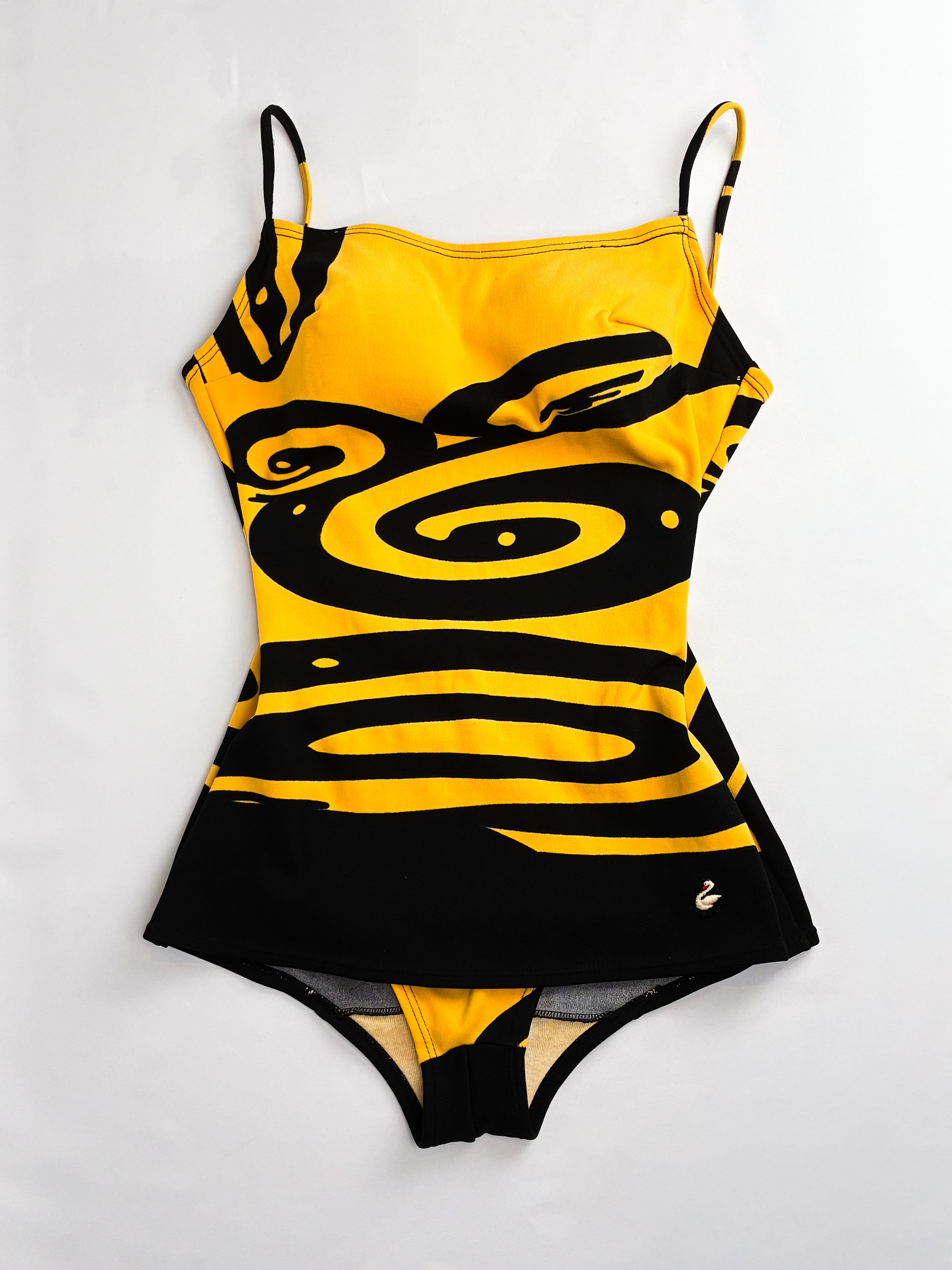 1970s Italian Black and Marigold Swirl Print Skirted One-Piece Swimsuit - XS/S