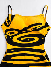 1970s Italian Black and Marigold Swirl Print Skirted One-Piece Swimsuit - XS/S