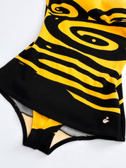 1970s Italian Black and Marigold Swirl Print Skirted One-Piece Swimsuit - XS/S