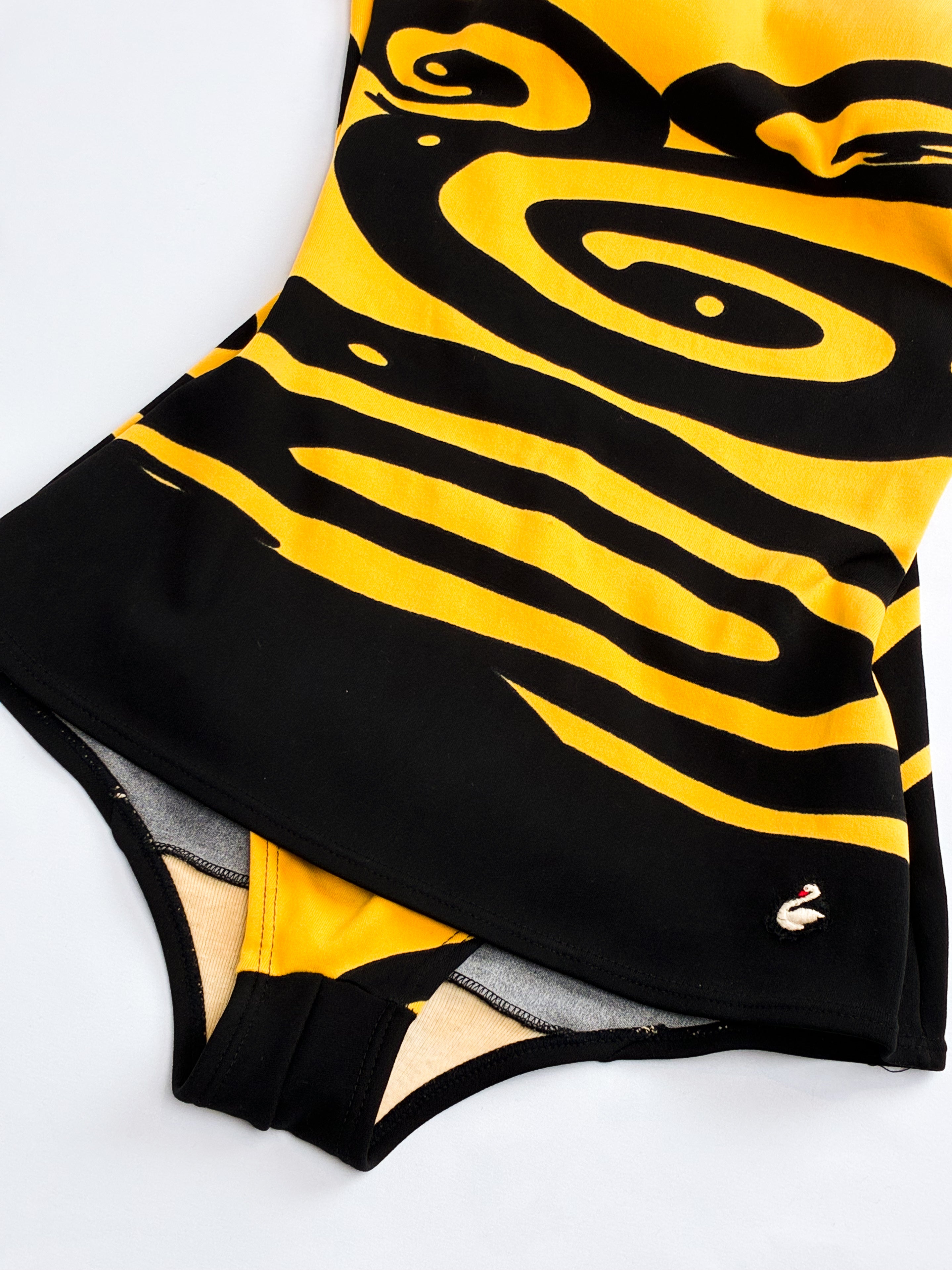 1970s Italian Black and Marigold Swirl Print Skirted One-Piece Swimsuit - XS/S