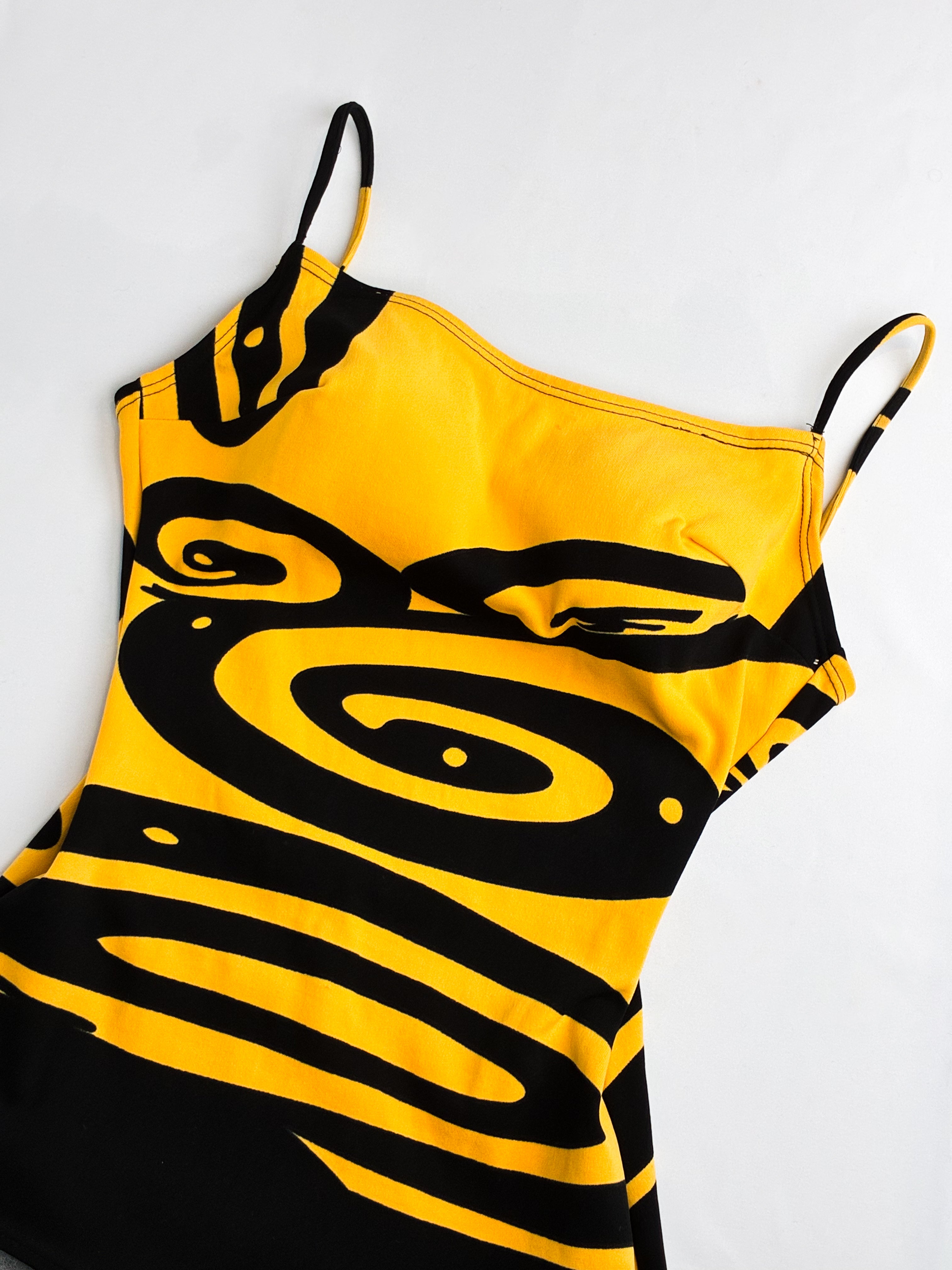 1970s Italian Black and Marigold Swirl Print Skirted One-Piece Swimsuit - XS/S