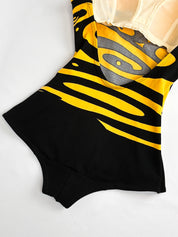 1970s Italian Black and Marigold Swirl Print Skirted One-Piece Swimsuit - XS/S