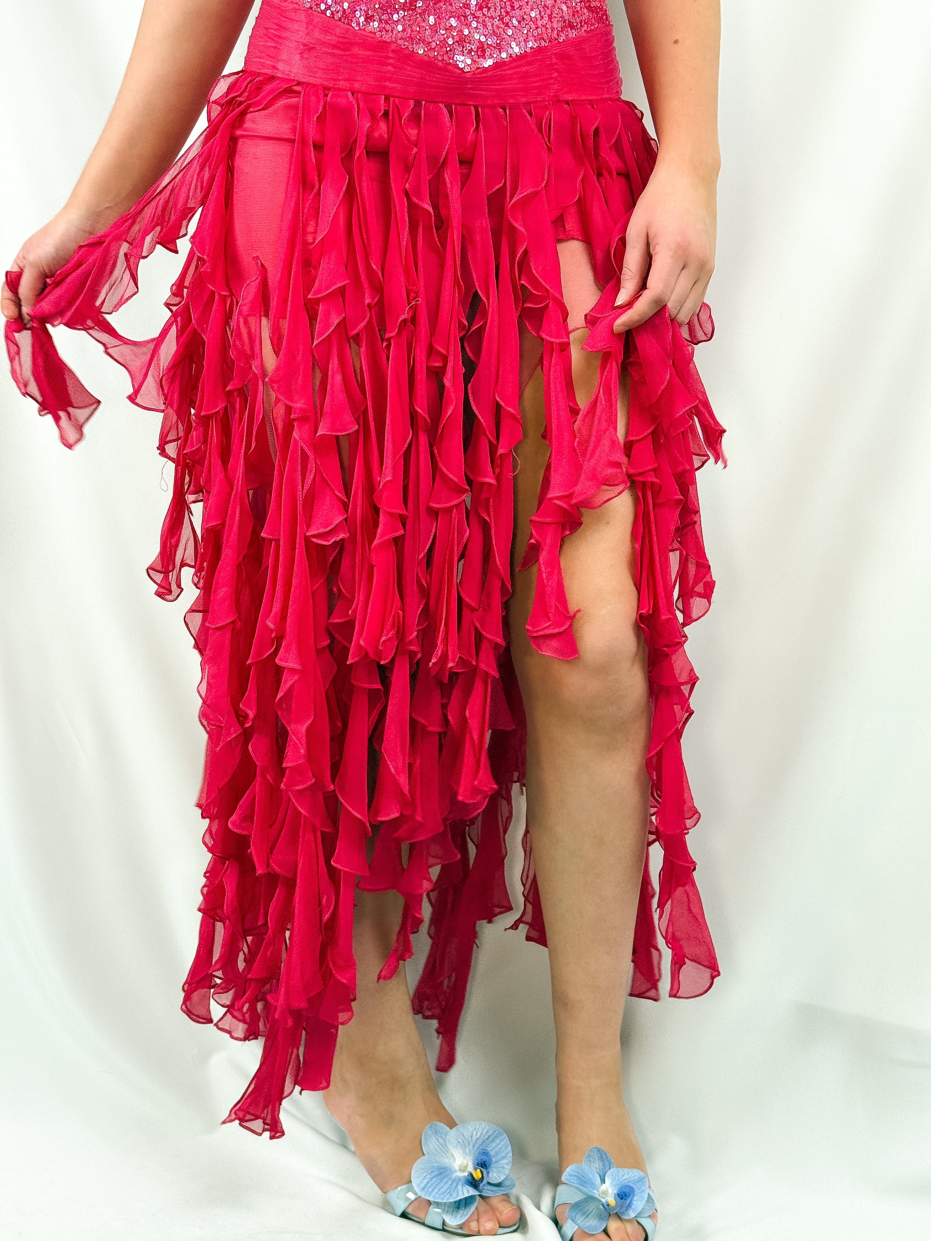 Jovani 2000s Hot Pink Sequin Bodice Silk Ruffle Halter Gown - S/M