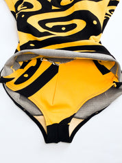 1970s Italian Black and Marigold Swirl Print Skirted One-Piece Swimsuit - XS/S