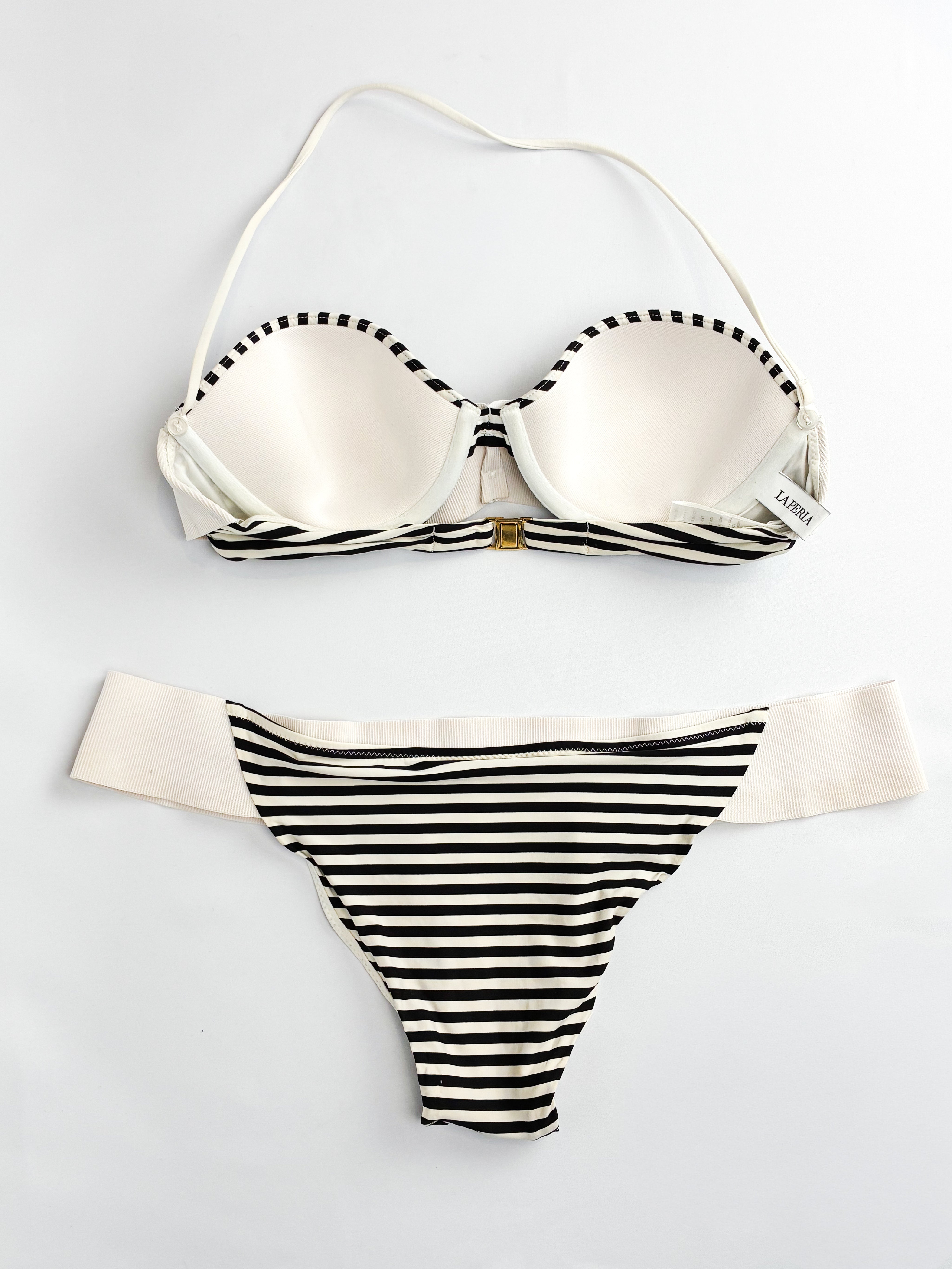 La Perla 2000s Black and Ivory Striped Grosgrain Bandeau Bikini Set - XS