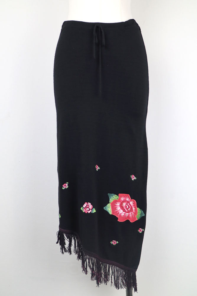 Pinko Tricot 2000s Black Rose Embroidered Fringe Maxi Skirt – M/L