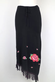 Pinko Tricot 2000s Black Rose Embroidered Fringe Maxi Skirt – M/L