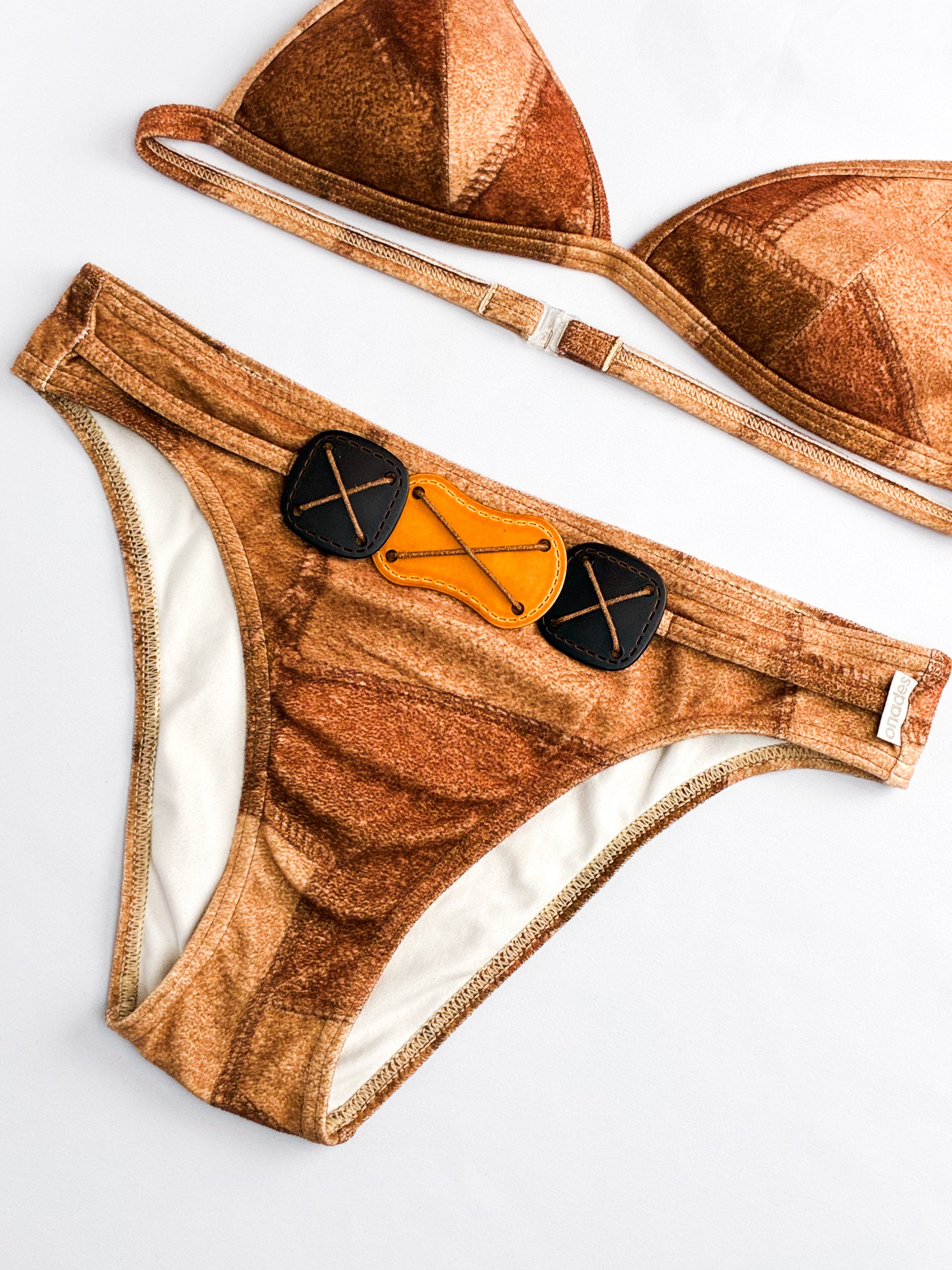 Onades 2000s Brown Faux Suede Patchwork Triangle Bikini Set - XS/S